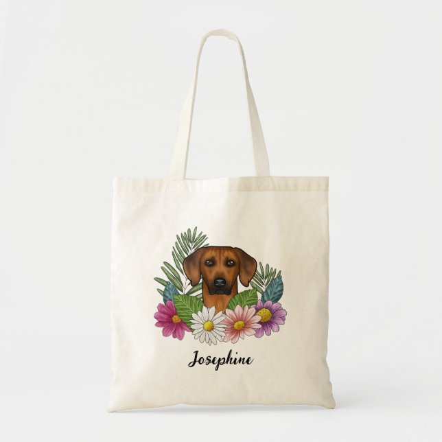 Rhodesian Ridgeback Huvud Färgglada Blommor Och Na Tygkasse (Framsidan)