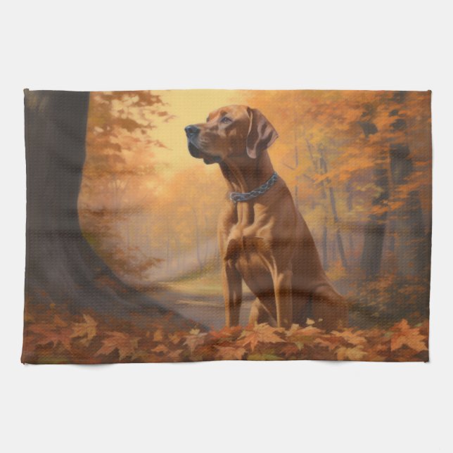 Rhodesian Ridgeback i höstlöv faller inspirerar Kökshandduk (Horisontell)
