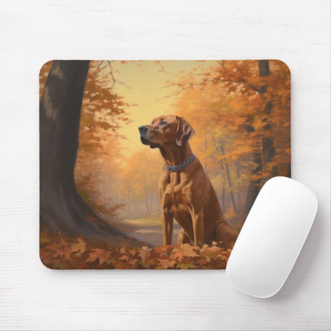 Rhodesian Ridgeback i höstlöv faller inspirerar Musmatta (Med mus)