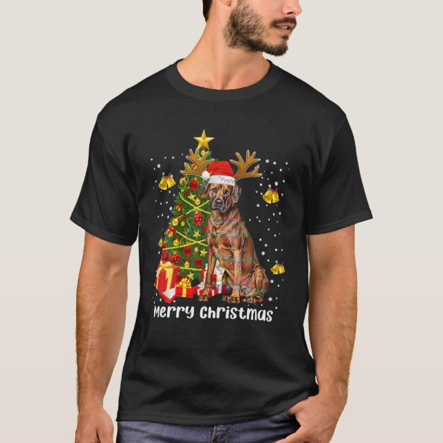 Rhodesian Ridgeback jul Ljus Träd Santa Xm T Shirt (Framsida)
