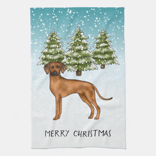 Rhodesian Ridgeback Lejon Hund Snowy Winter Forest Kökshandduk (Vertikal)