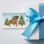 Rhodesian Ridgeback Lejon Hund Snowy Winter Forest Presentetikett<br><div class="desc">Desteis ursprungliga tecknad illustration av en söt Rhodesian Ridgeback-hund. Hund placeras på en vinterscen med tre gröntar nära träd och fallande snö. Bakgrunden är en blå till vit övertoning som ge kallets vintag. Det finns också ett textområde på andra sidan som nu lyder: "God jul!". En annan textmall har ord:...</div>