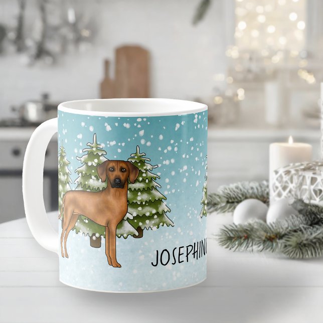 Rhodesian Ridgeback med namnet Snöig Vinter Skog Kaffemugg (Please note: This image is a digital mockup. The product may not be in scale.)