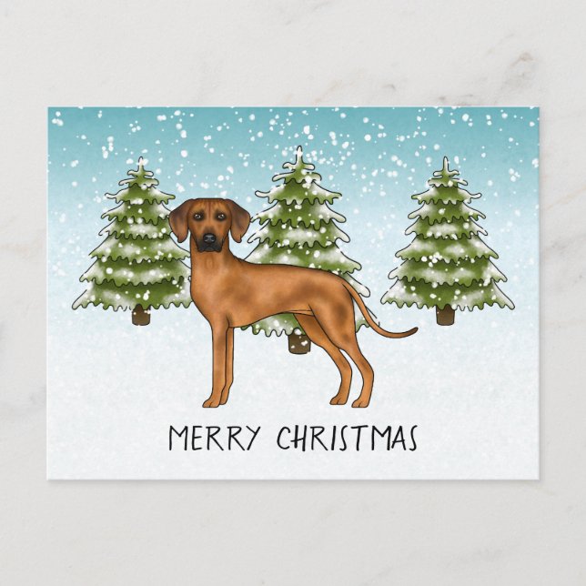Rhodesian Ridgeback med text Snöig vinter skog Vykort (Framsida)