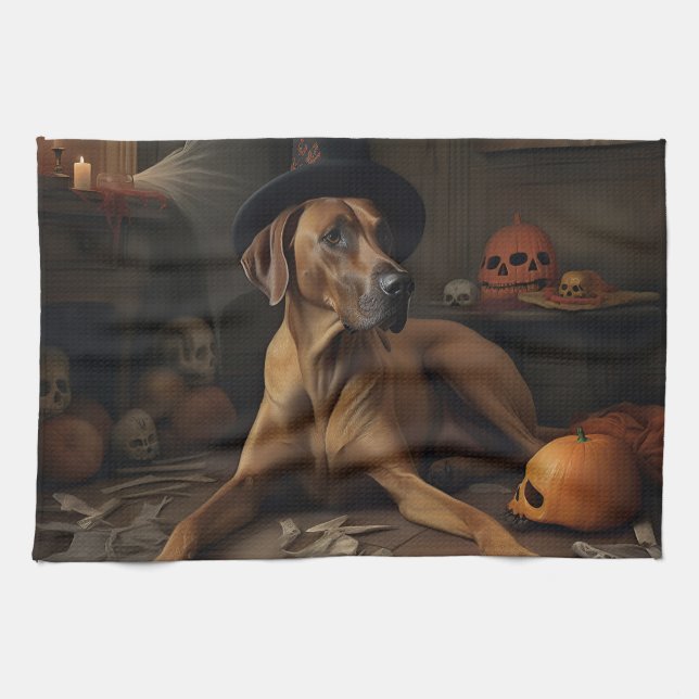 Rhodesian Ridgeback Pumpor Halloween Skräckinjagan Kökshandduk (Horisontell)