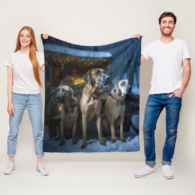 Rhodesian Ridgeback Snowy Sleigh-juldekretet Fleecefilt (På plats)