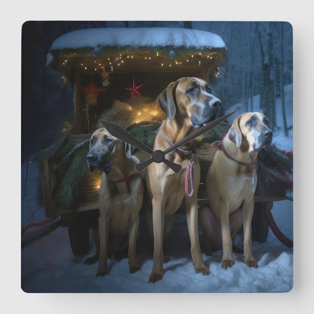 Rhodesian Ridgeback Snowy Sleigh-juldekretet Fyrkantig Klocka (Framsida)