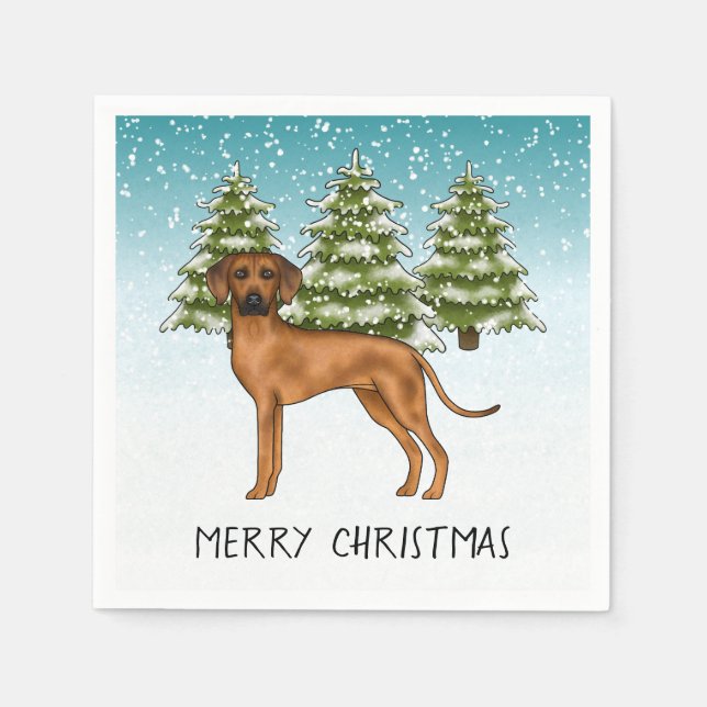 Rhodesian Ridgeback with Text Snowy Winter Forest Pappersservett (Framsidan)