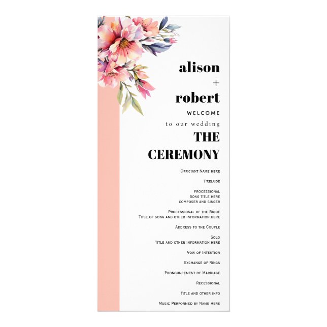 Rhododedron peach-pink flowers wedding program (Framsidan)