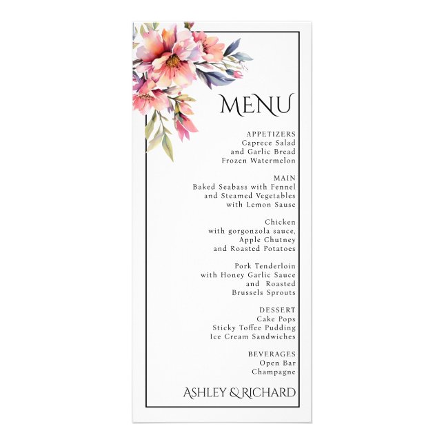 Rhododendron and peach flowers wedding menu card reklamkort (Framsidan)