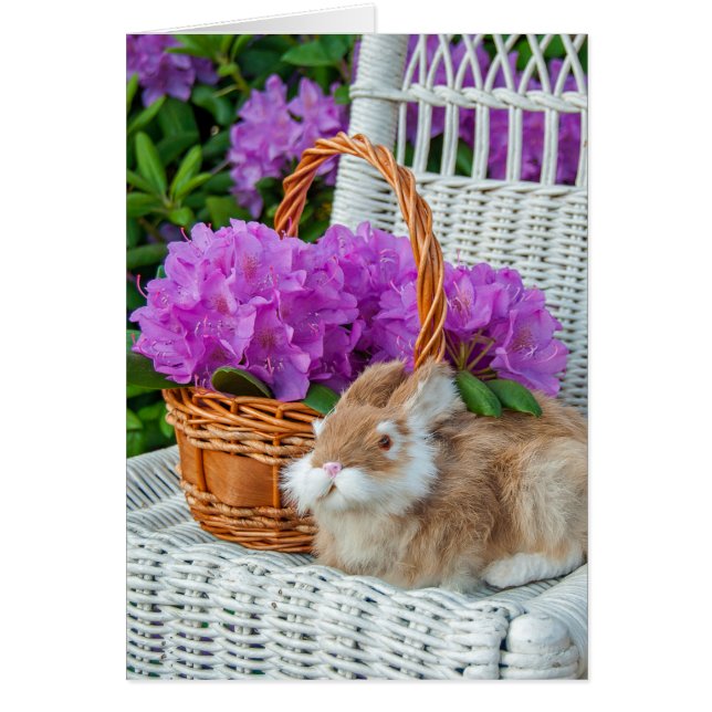 Rhododendron och bunny på stol i mors dag hälsningskort (Framsidan)