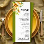 Rhododendron orange yellow fall wedding menu card reklamkort<br><div class="desc">Rhododendron branch and flowers fall wedding menu card. This budget-friendly wedding menu card features an elegant, nature-inspired design. A graceful rhododendron branch with orange, yellow blooms embellishes a crisp white border, while a n olive green band on the left side enhances its refined appeal. The word “MENU” and the couple’s...</div>