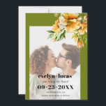 Rhododendron orange yellow flowers photo wedding spara datumet<br><div class="desc">This elegant fall Save the Date announcement for a wedding showcases a beautiful photo of the couple surrounded by a rhododendron branch with orange yellow flowers in the top right corner. The olive green borders add a touch of sophistication to the entire layout, perfectly complementing the modern and stylish look...</div>