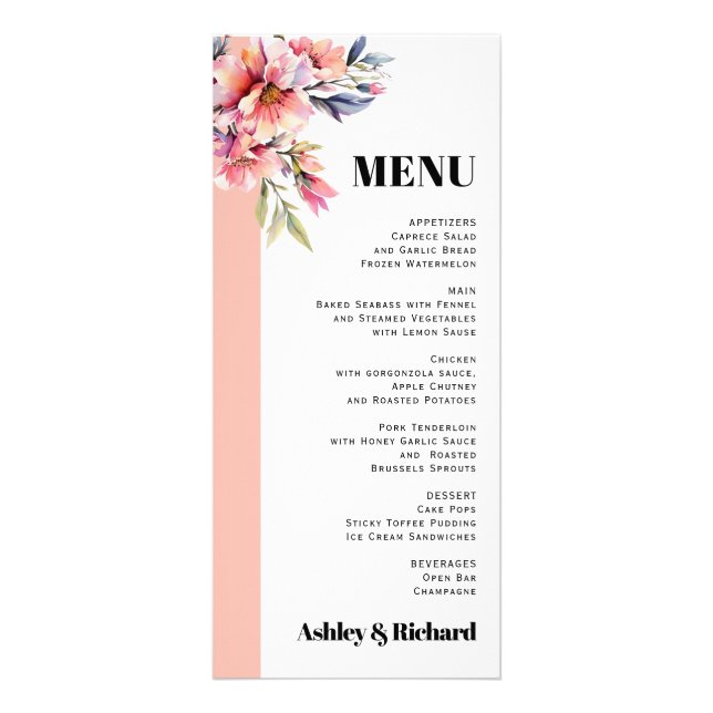 Rhododendron peach pink flowers wedding menu card reklamkort (Framsidan)