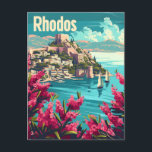 Rhodos Greece Vintage Vykort<br><div class="desc">En fängslande och nostalgisk skildring av Rhodes, Grekland, känd för sina fantastiska Medelhavslandskap och rikens historiska arv. Utformningen har öns urgamla ruiner, charmig gammal stad med dess medeltida arkitektur och kristallklar turkos vatten. I en vintage stil framkallar konstverket Rhodos tidlösa skönhet och kulturella rikedom och uppmanar tittarna att utforska sitt...</div>