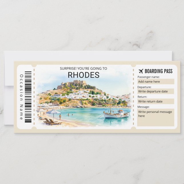 Rhodos-resa Boarding Pass Biljett Inbjudningar (Framsida)