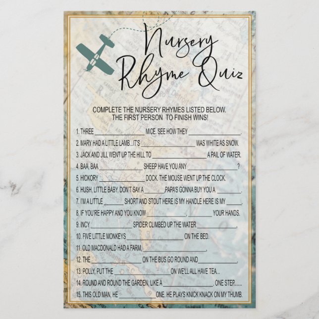 Rhyme Quiz Baby Shower-spel för reseknterseri (Framsida)
