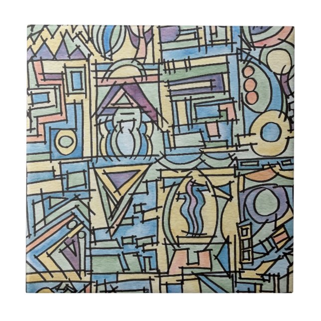 Rhythm In Blue-Modern geometrisk akvarellkonst Kakelplatta (Framsidan)
