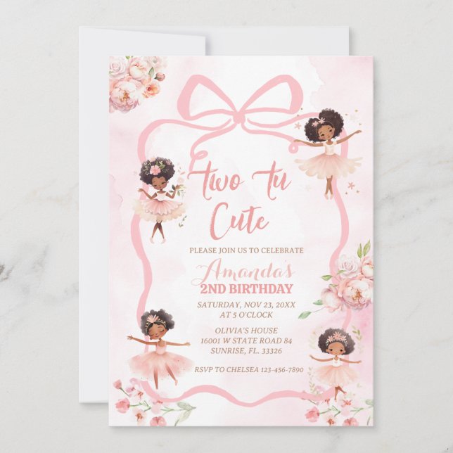 Ribbon African Ballerina Two Tu Cute Birthday Inbjudningar (Framsida)