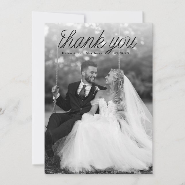 Ribbon Black Script Top Minimalist Wedding Photo  Tack Kort (Framsida)