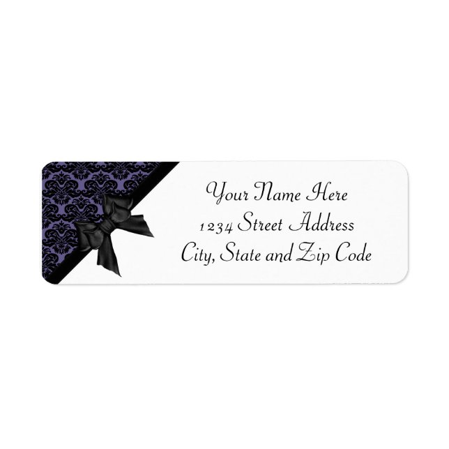 Ribbon Bow Black and Lila Damask Returadress Etikett (Framsidan)