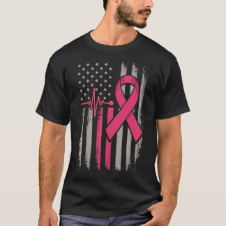 Ribbon Breast Cancer - stressad amerikansk Flagga  T Shirt