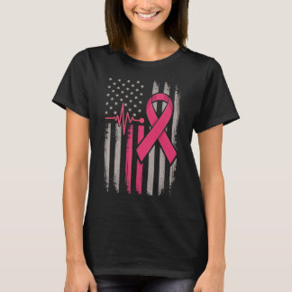Ribbon Breast Cancer - stressad amerikansk Flagga  T Shirt