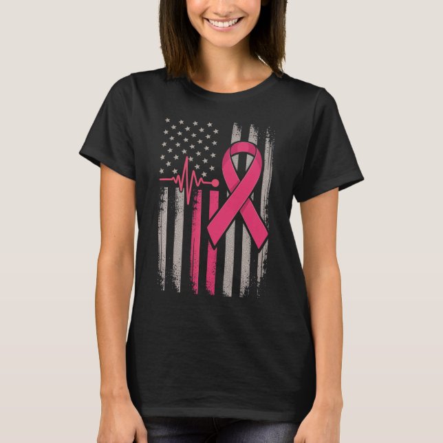 Ribbon Breast Cancer - stressad amerikansk Flagga  T Shirt (Framsida)