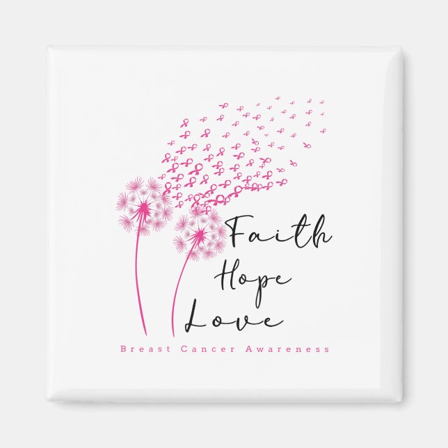 Ribbon Dandelion Faith Hope Kärlek Breast Cancer Magnet (Framsidan)