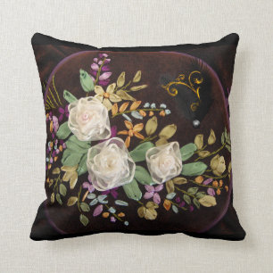 Ribbon Embroidery Vit ros Kudde