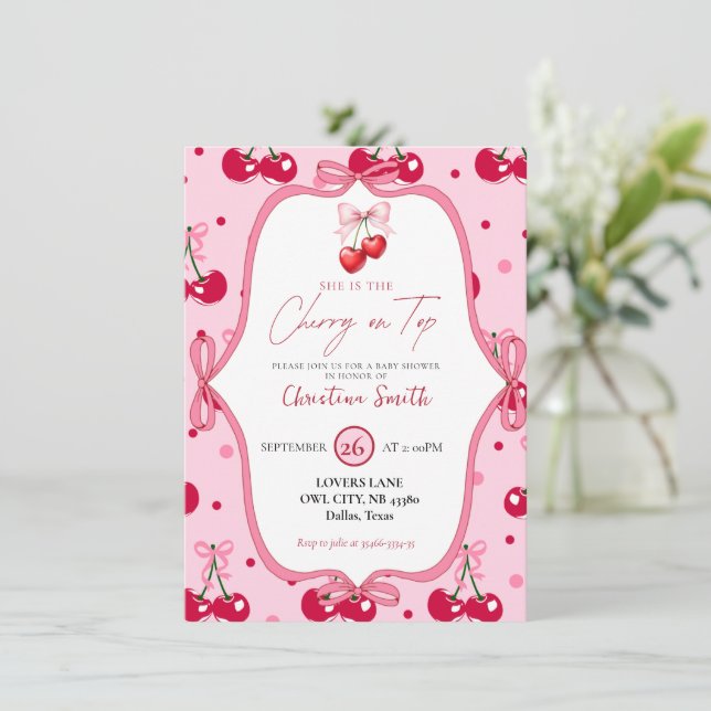 Ribbon för Cherry on Top Baby Shower Rosa Blommar Inbjudningar (Stående Fram)