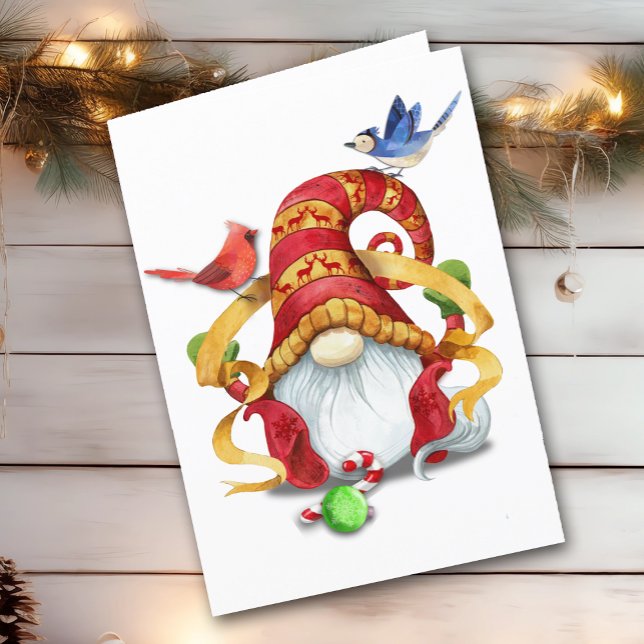 Ribbon Gnome med fåglarnas stora jul Helgkort (Skapare uppladdad)