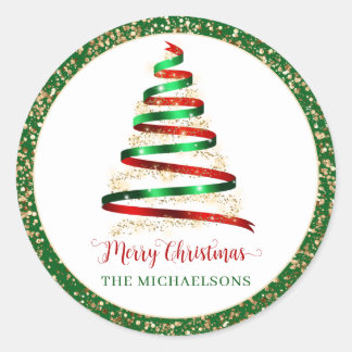 Ribbon God jul Träd Guld Glitter Runt Klistermärke