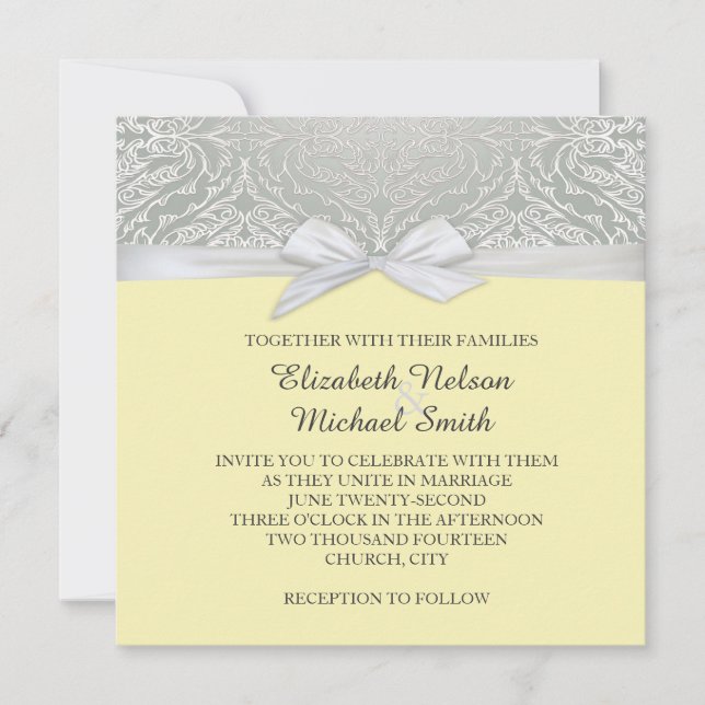 Ribbon Gult/Silver Snöre Damask Wedding Inbjudan (Framsida)