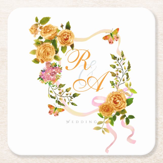 Ribbon Monogram guld Ro Underlägg Papper Kvadrat (Framsidan)