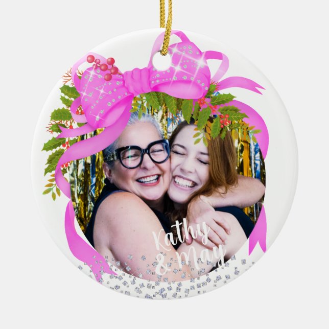 Ribbon Photo Julvit med skärande Rosa Julgransprydnad Keramik (Framsidan)