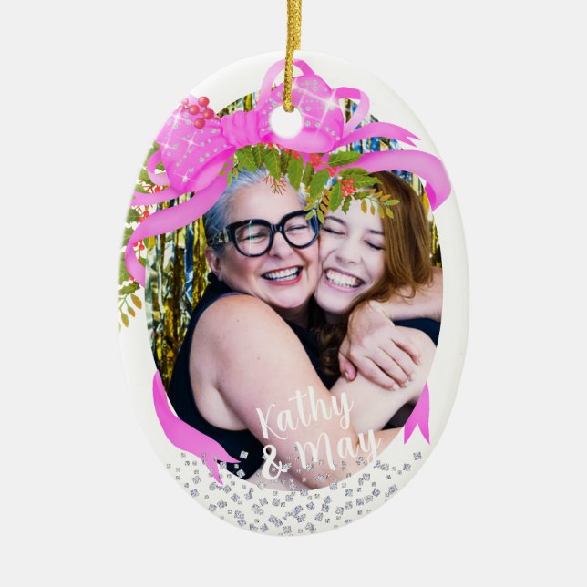 Ribbon Photo Julvit med skärande Rosa Julgransprydnad Keramik (Framsidan)