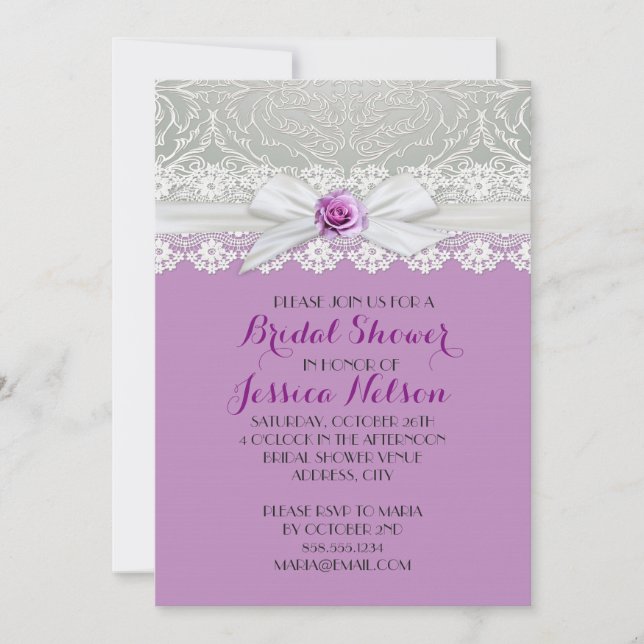 Ribbon Ro Silver Damask Lavender Möhippa Inbjudningar (Framsida)
