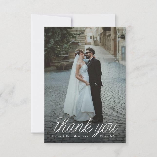Ribbon Script Minimalist Wedding Photo Small Tack Kort (Framsida)