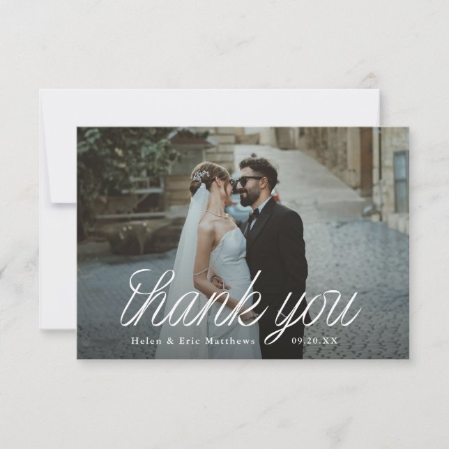 Ribbon Script Minimalist Wedding Photo Small Tack Kort (Framsida)