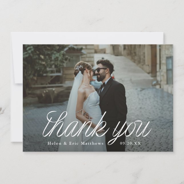 Ribbon Script Minimalist Wedding Photo  Tack Kort (Framsida)