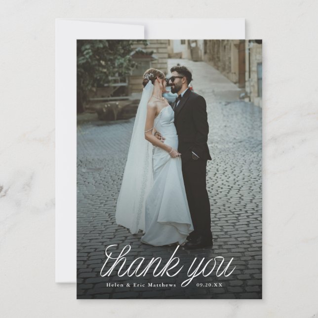 Ribbon Script Minimalist Wedding Photo  Tack Kort (Framsida)
