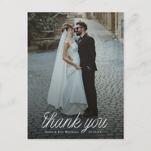 Ribbon Script Minimalist Wedding Photo  Vykort (Framsida)