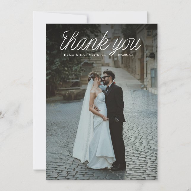 Ribbon Script Top Minimalist Wedding Photo  Tack Kort (Framsida)