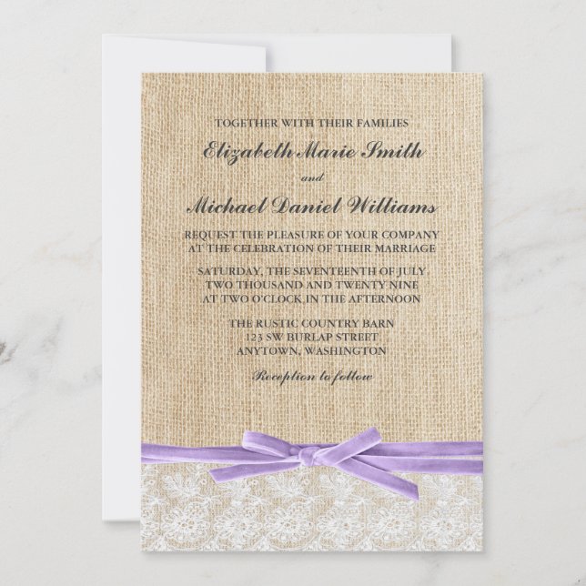 Ribbon Snöre-lavender, Rustik Burlap Inbjudningar (Framsida)