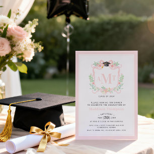 Ribbon Studenten 3 Brev Rosa Monogram-Vapensköld Inbjudningar