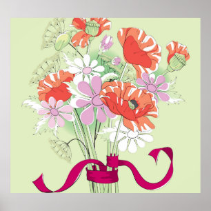 "Ribbon-Tied Poppies": Daisy Bouquet. Poster