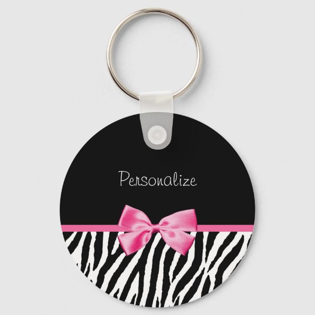 Ribbon trendig Black and White Zebra tryck Rosa Nyckelring (Framsida)