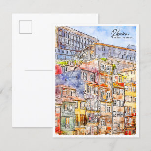 Ribeira Porto Portugal vintage resor vattenfärg Vykort