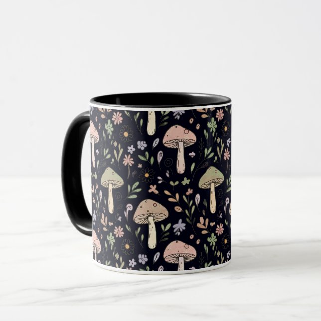 Rich Black Dark Academia Fungi Seamless Pattern Mugg (Framsida vänster)